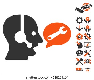 Operator Service Message icon with bonus settings clip art. Vector illustration style is flat iconic orange and gray symbols on white background.