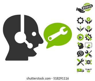 Operator Service Message icon with bonus options graphic icons. Vector illustration style is flat iconic eco green and gray symbols on white background.