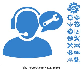 Operator Service Message icon with bonus tools symbols. Vector illustration style is flat iconic cobalt symbols on white background.