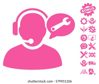 Operator Service Message icon with bonus settings clip art. Vector illustration style is flat iconic pink symbols on white background.
