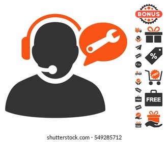 Operator Service Message icon with free bonus clip art. Vector illustration style is flat iconic symbols, orange and gray colors, white background.