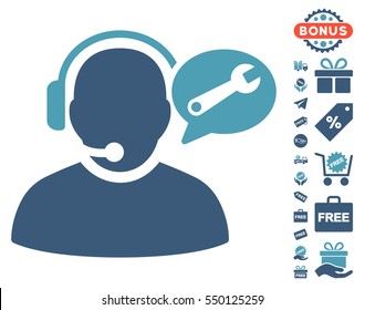 Operator Service Message icon with free bonus design elements. Vector illustration style is flat iconic symbols, cyan and blue colors, white background.