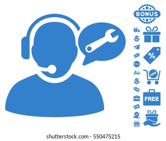 Operator Service Message icon with free bonus pictograms. Vector illustration style is flat iconic symbols, cobalt color, white background.