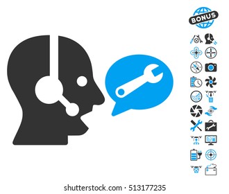 Operator Service Message pictograph with bonus quadrocopter tools graphic icons. Vector illustration style is flat iconic blue and gray symbols on white background.