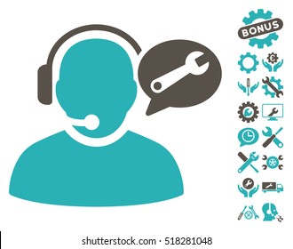 Operator Service Message pictograph with bonus configuration images. Vector illustration style is flat iconic grey and cyan symbols on white background.