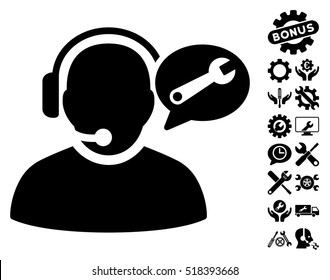 Operator Service Message pictograph with bonus tools pictograms. Vector illustration style is flat iconic black symbols on white background.