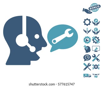 Operator Service Message pictograph with bonus options pictograms. Vector illustration style is flat iconic cyan and blue symbols on white background.