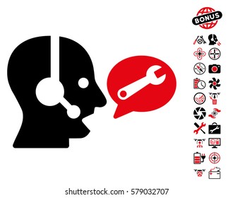 Operator Service Message pictograph with bonus copter service pictures. Vector illustration style is flat iconic intensive red and black symbols on white background.