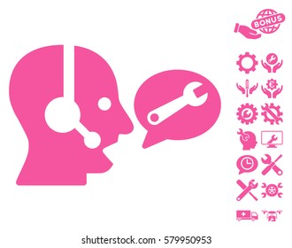 Operator Service Message pictograph with bonus configuration icon set. Vector illustration style is flat iconic pink symbols on white background.