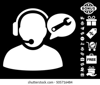 Operator Service Message pictograph with free bonus design elements. Vector illustration style is flat iconic symbols, white color, black background.
