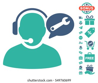 Operator Service Message pictograph with free bonus pictograms. Vector illustration style is flat iconic symbols, cobalt and cyan colors, white background.