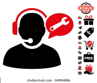 Operator Service Message pictograph with free bonus pictograph collection. Vector illustration style is flat iconic symbols, intensive red and black colors, white background.