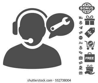 Operator Service Message pictograph with free bonus design elements. Vector illustration style is flat iconic symbols, gray color, white background.
