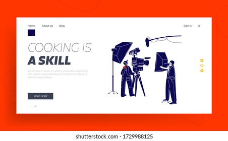 Operator Shoot Scene Landing Page Template. Cameraman Character Looking Through Movie Camera Taking Video. Cinema Industry with Moviemaker and Light Equipment. Linear People Vector Illustration