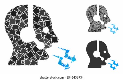 Operator shout composition of rugged parts in various sizes and color hues, based on operator shout icon. Vector joggly items are united into collage. Operator shout icons collage with dotted pattern.