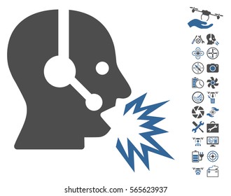 Operator Shout icon with bonus aircopter tools symbols. Vector illustration style is flat iconic cobalt and gray symbols on white background.