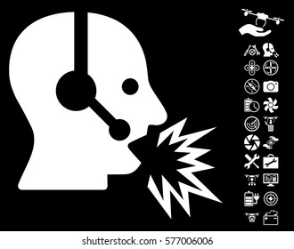 Operator Shout icon with bonus drone service pictures. Vector illustration style is flat iconic white symbols on black background.