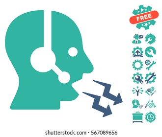 Operator Shout icon with bonus options graphic icons. Vector illustration style is flat iconic cobalt and cyan symbols on white background.