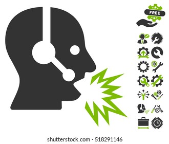 Operator Shout icon with bonus setup tools images. Vector illustration style is flat iconic eco green and gray symbols on white background.