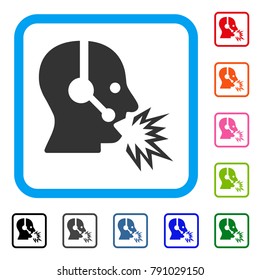 Operator Shout icon. Flat grey pictogram symbol in a light blue rounded rectangular frame. Black, gray, green, blue, red, orange color variants of Operator Shout vector.