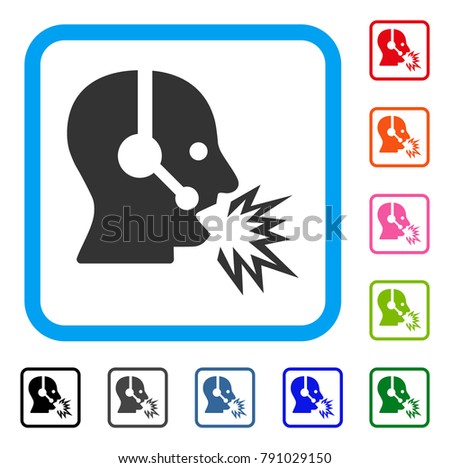 Operator Shout icon. Flat grey pictogram symbol in a light blue rounded rectangular frame. Black, gray, green, blue, red, orange color variants of Operator Shout vector.