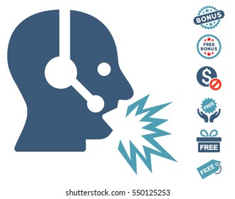 Operator Shout icon with free bonus design elements. Vector illustration style is flat iconic symbols, cyan and blue colors, white background.