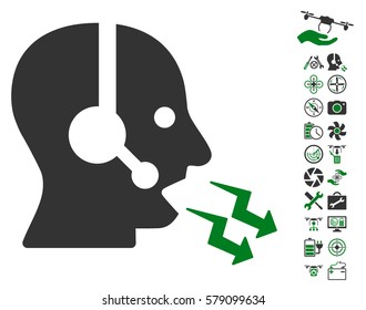 Operator Shout pictograph with bonus aircopter tools pictograph collection. Vector illustration style is flat iconic green and gray symbols on white background.