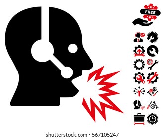 Operator Shout pictograph with bonus configuration graphic icons. Vector illustration style is flat iconic intensive red and black symbols on white background.