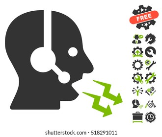 Operator Shout pictograph with bonus setup tools pictograms. Vector illustration style is flat iconic eco green and gray symbols on white background.