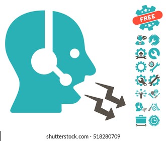 Operator Shout pictograph with bonus tools pictograph collection. Vector illustration style is flat iconic grey and cyan symbols on white background.