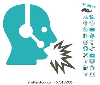 Operator Shout pictograph with bonus uav tools graphic icons. Vector illustration style is flat iconic grey and cyan symbols on white background.