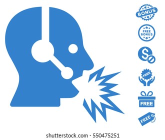 Operator Shout pictograph with free bonus design elements. Vector illustration style is flat iconic symbols, cobalt color, white background.