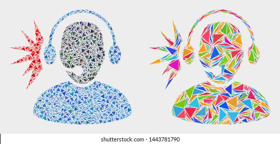 Operator signal collage icon of triangle elements which have different sizes and shapes and colors. Geometric abstract vector illustration of operator signal.