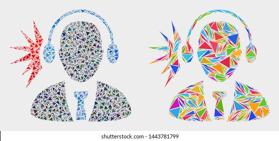 Operator signal collage icon of triangle elements which have variable sizes and shapes and colors. Geometric abstract vector illustration of operator signal.