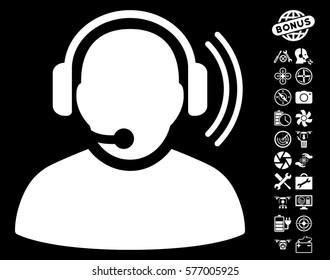 Operator Signal icon with bonus aircopter tools pictograms. Vector illustration style is flat iconic white symbols on black background.