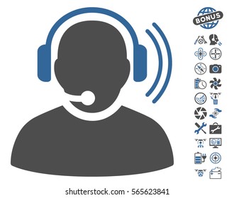 Operator Signal icon with bonus airdrone service pictograms. Vector illustration style is flat iconic cobalt and gray symbols on white background.
