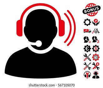 Operator Signal icon with bonus settings design elements. Vector illustration style is flat iconic intensive red and black symbols on white background.