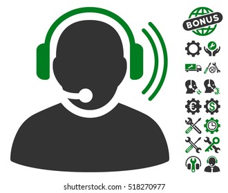 Operator Signal icon with bonus tools icon set. Vector illustration style is flat iconic green and gray symbols on white background.