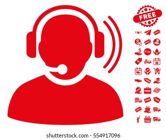 Operator Signal icon with free bonus pictograph collection. Vector illustration style is flat iconic symbols, red color, white background.
