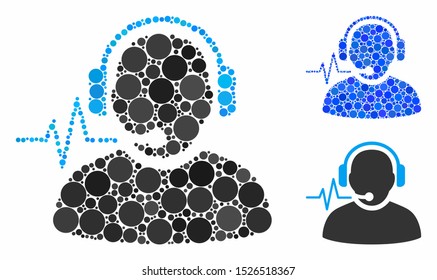 Operator signal mosaic for operator signal icon of filled circles in variable sizes and color tints. Vector filled circles are composed into blue composition.