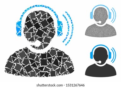 Operator signal mosaic of joggly parts in different sizes and color tinges, based on operator signal icon. Vector uneven parts are grouped into collage.