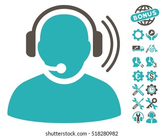 Operator Signal pictograph with bonus configuration pictograms. Vector illustration style is flat iconic grey and cyan symbols on white background.