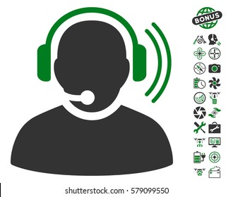 Operator Signal pictograph with bonus drone service clip art. Vector illustration style is flat iconic green and gray symbols on white background.