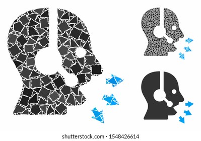 Operator speak composition of tuberous parts in different sizes and color hues, based on operator speak icon. Vector bumpy parts are grouped into collage.