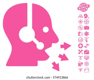 Operator Speak icon with bonus flying drone service icon set. Vector illustration style is flat iconic pink symbols on white background.