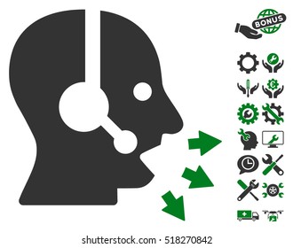 Operator Speak icon with bonus options graphic icons. Vector illustration style is flat iconic green and gray symbols on white background.