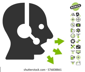 Operator Speak icon with bonus quad copter tools symbols. Vector illustration style is flat iconic eco green and gray symbols on white background.