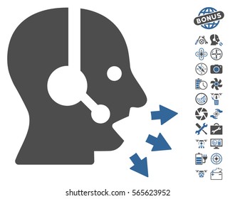 Operator Speak icon with bonus quadrocopter service design elements. Vector illustration style is flat iconic cobalt and gray symbols on white background.