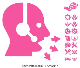Operator Speak icon with bonus settings graphic icons. Vector illustration style is flat iconic pink symbols on white background.