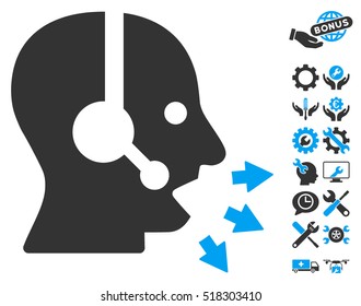 Operator Speak pictograph with bonus tools images. Vector illustration style is flat iconic blue and gray symbols on white background.